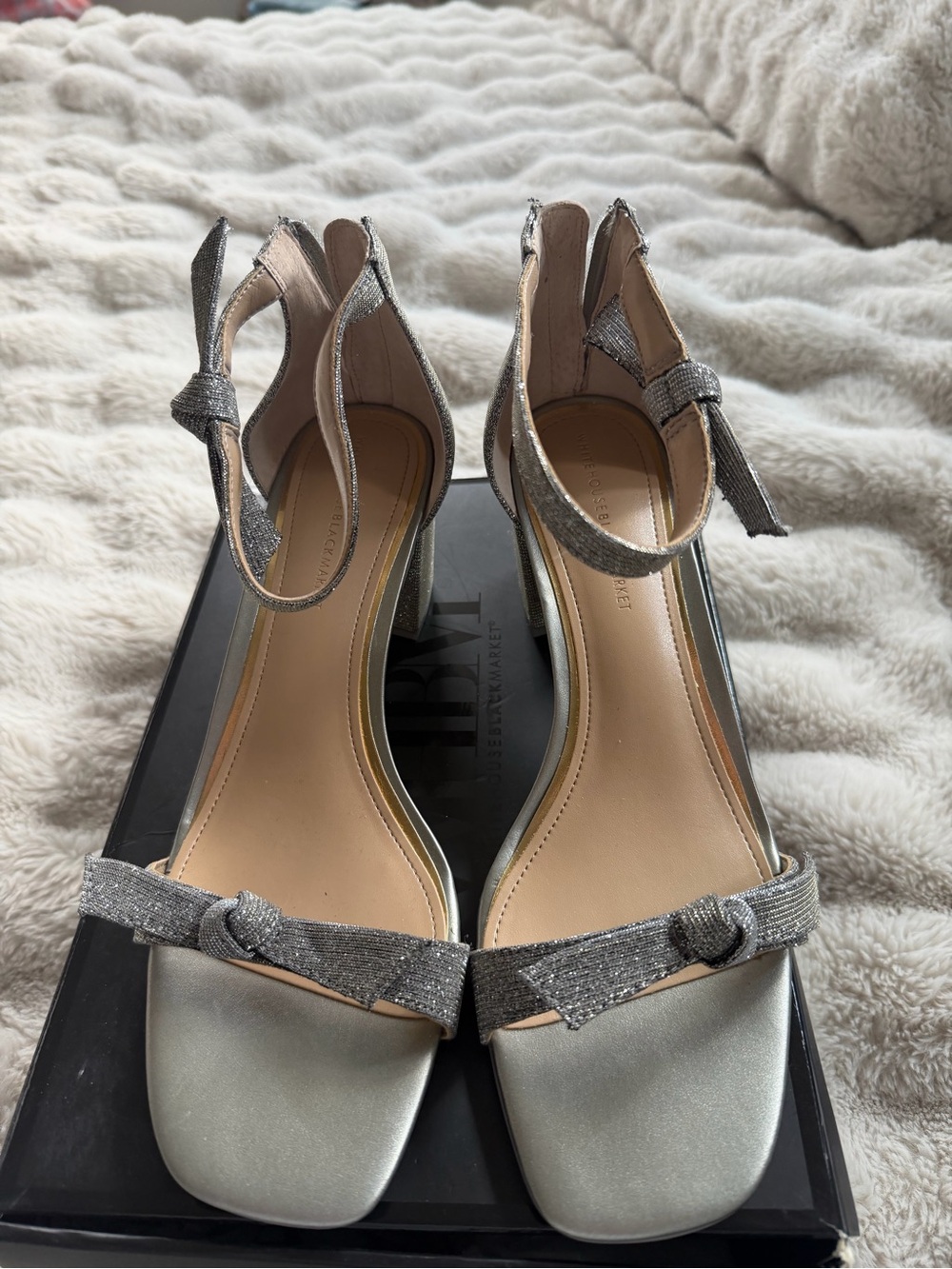 White House Black Market Silver Metallic Ankle-Strap Block Heels